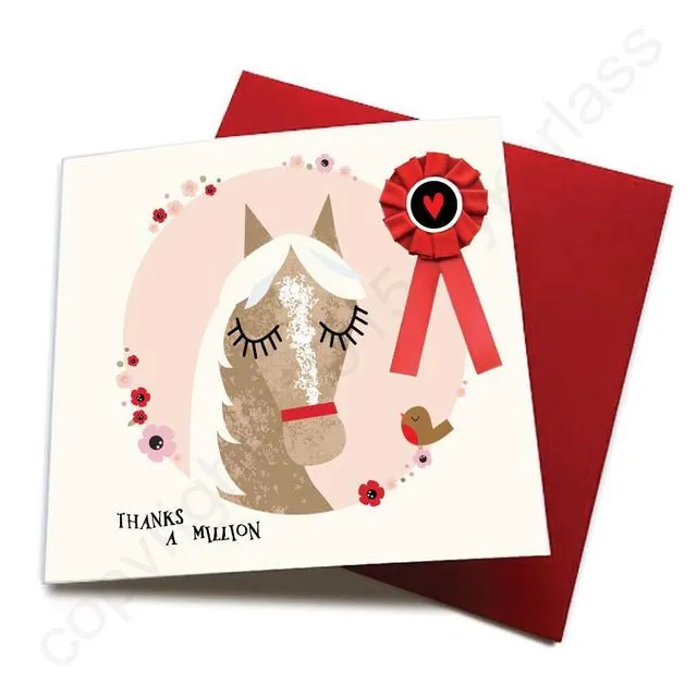 Thanks A Million - Horse Greeting Card (with satin ribbon rosette) - CHDC22 (Six pack)