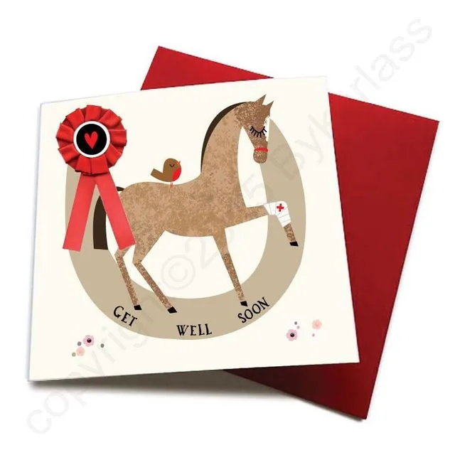 Get Well Soon - Horse Greeting Card (with satin ribbon rosette) - CHDC23 (Six pack)