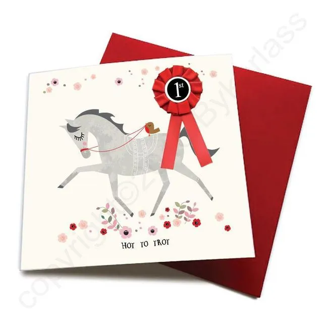 Hot to Trot - Horse Greeting Card (with satin ribbon rosette) - CHDC4 (Six pack)