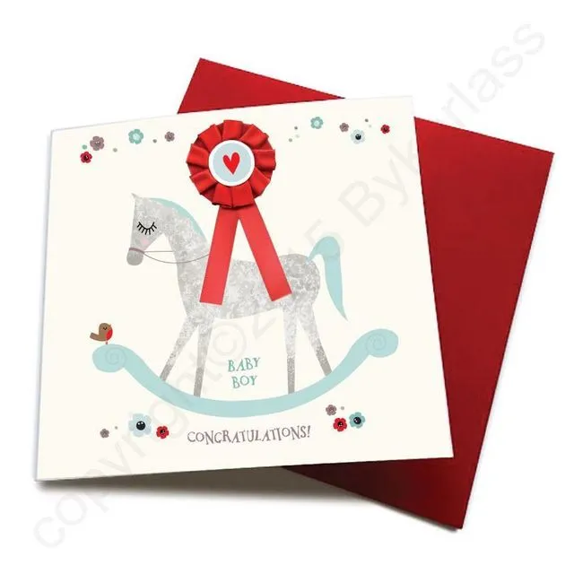 Baby Boy - Horse Greeting Card (with satin ribbon rosette) - CHDC7 (Six pack)
