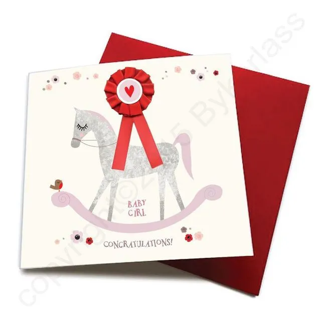 Baby Girl - Horse Greeting Card (with satin ribbon rosette) - CHDC8 (Six pack)