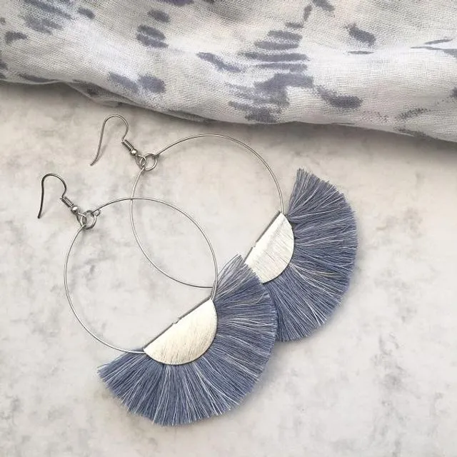 Blue tassel hoop earrings