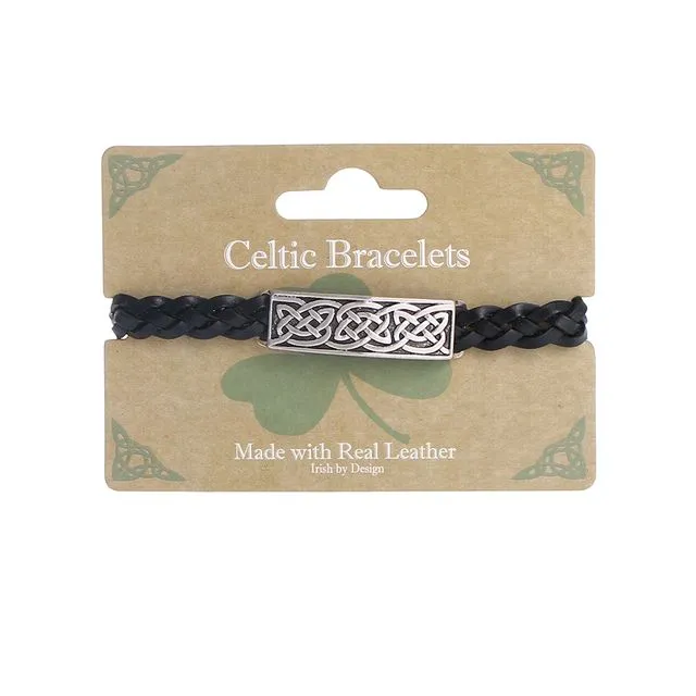 Black Leather Large Twisted Braided Bracelet with Celtic Knot Steel Bar