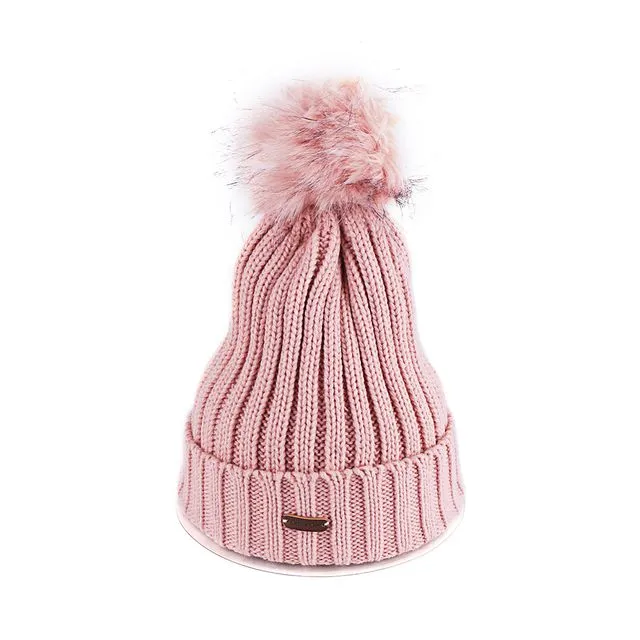 IRS-005V Winter Warm Pink Woolly Knitted Beanie with Large Faux Fur Bobble Pom Pom