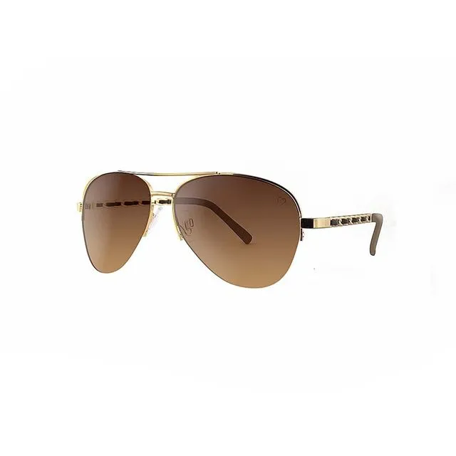 Metal 'New York' Aviator With Fabric Braid Detail Temple in Gold Sunglasses