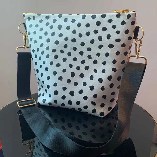 White and Black spot Vegan Leather Handbag