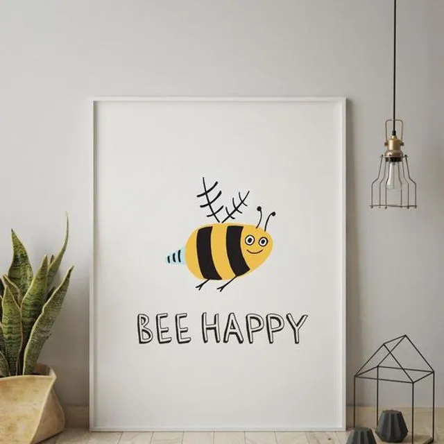 Illustrated Bee Happy Quote Framed Print