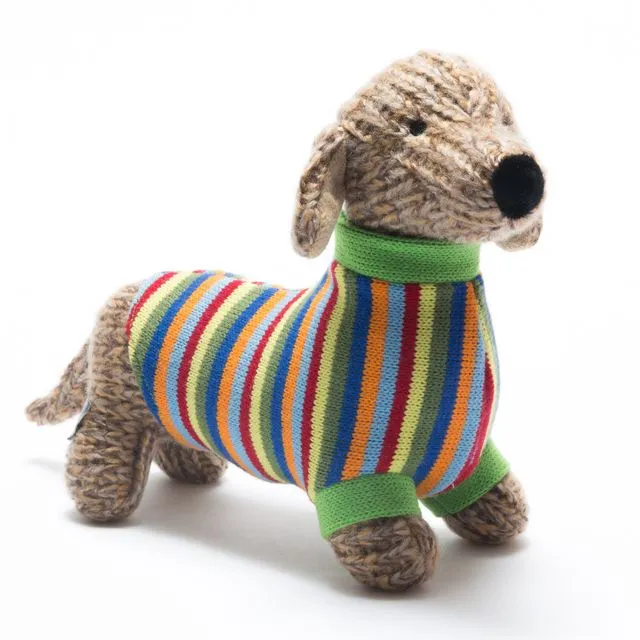 Knitted Sausage Dog Kids Soft Toy Rainbow Stripe Jumper