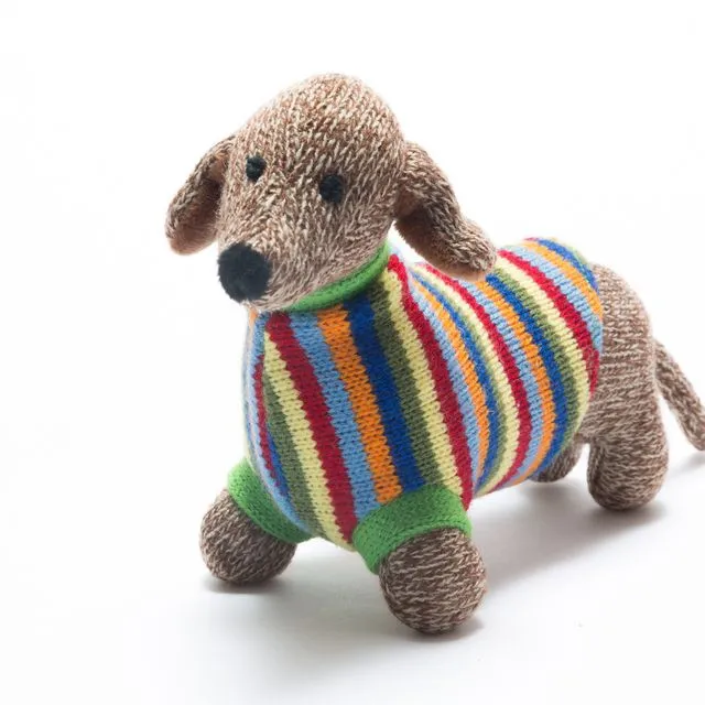 Knitted Sausage Dog Baby Rattle in bright stripe jumper