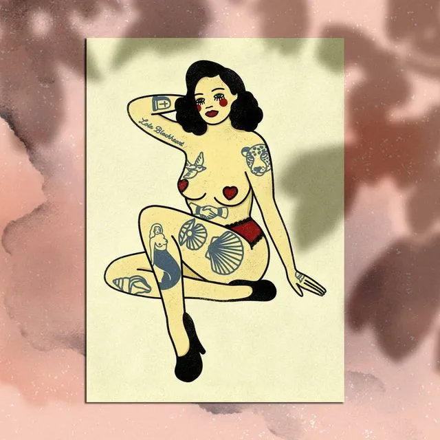 Tattooed Pin-Up Fine Art Print, A5 / A4 / A3 options - Tattoos, Women, Feminis, Tattoo Flash, Body Positive, Burlesque Illustrations