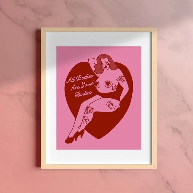 Red & Pink 'All Bodies Are Good Bodies' Fine Art Print, A5/A4/A3, Body Positive, Traditional Tattoo Flash, Burlesque, Art by Lola Blackheart