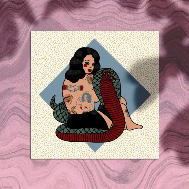 Pin-up 'Zara' & Snake Fine Art Illustration, 8x8" /10x10" / 12x12" - Tattooed Girls, Tattoo Flash, Leopard, Art by Lola Blackheart
