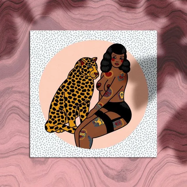 Pin-up 'Maria' & Leopard Fine Art Illustration, 8x8" / 10x10" / 12x12" - Tattooed Girls, Tattoo Flash, Bettie Page, Art by Lola Blackheart
