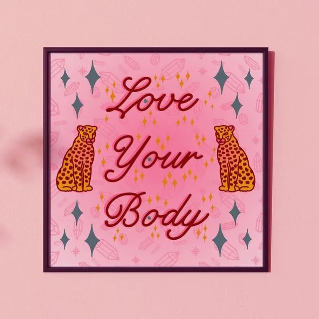 Typography 'Love Your Body' Leopard Pin-up Girls, Fine Art Print - 8x8" / 10x10" / 12x12" - tattoo, body positive, by Lola Blackheart