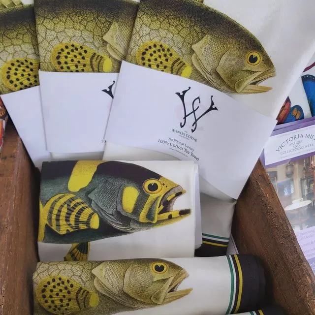 Yellow Fish Antique Print Tea Towel Black Edge UK Made