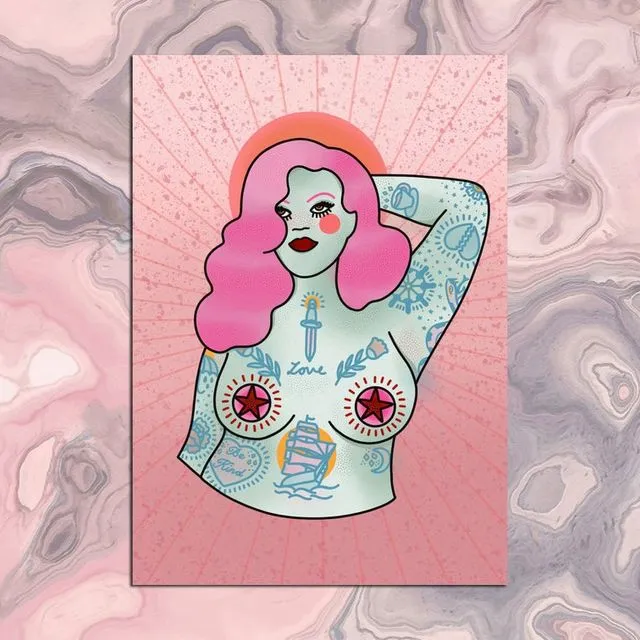 Curvy Pin-up Illustration with Tattoos, 'Frenchie', A5 / A4 / A3 (unframed) - Boobs, Body Positive, Pink hair, art by Lola Blackheart
