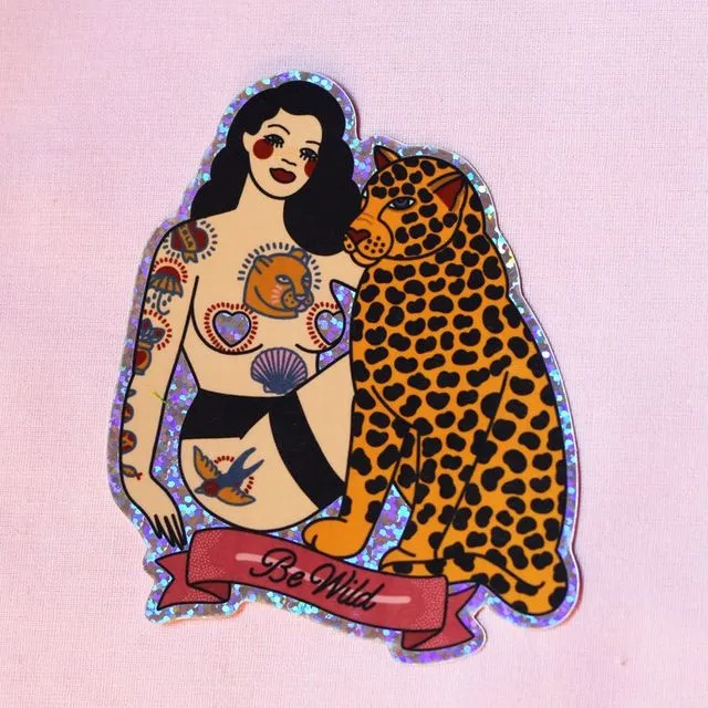 Yellow Leopard & Tattooed Pin-up Girl Glitter Sticker x 1