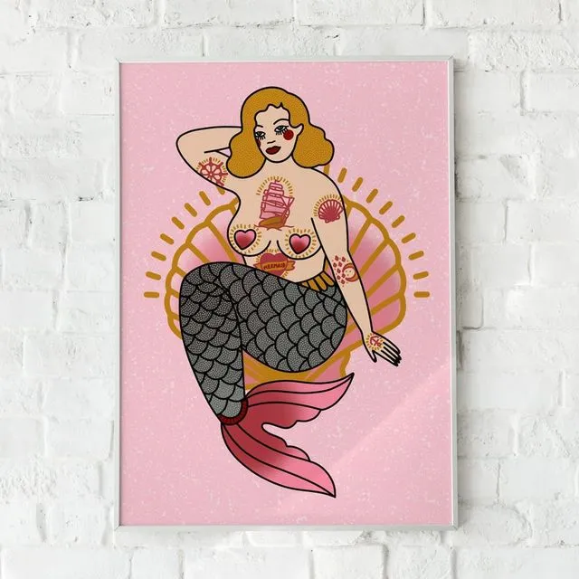 Blonde Tattooed Pin-up Mermaid, A5 / A4 / A3 - Pink, Blonde Tattooed Women, Tattoo Flash, Burlesque, Curvy Illustrations by Lola Blackheart