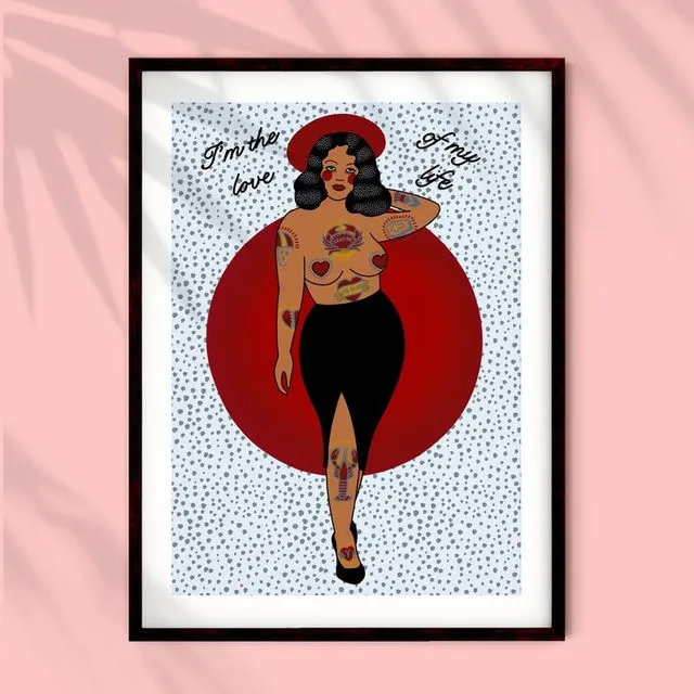 Love of My Life Tattooed Black Hair Pin-up Fine Art Print, A5 / A4 / A3 options - 1950s, curvy, body positive, burlesque, tattoo flash