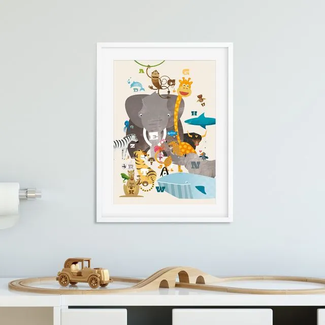 ABC children's room picture with animals in A4 on paper