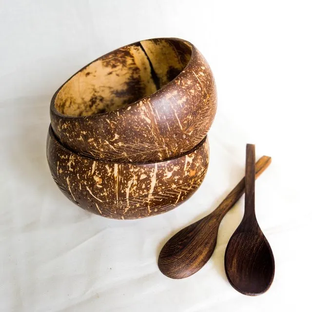 Repurposed Coconut Bowl & Spoon Set - Leaf Etch