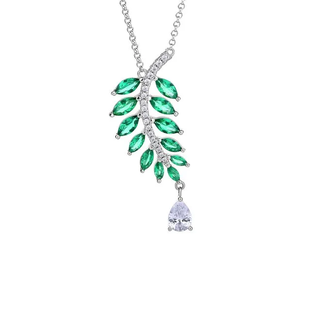 FALLING LEAVES EMERALD GREEN SILVER STATEMENT NECKLACE