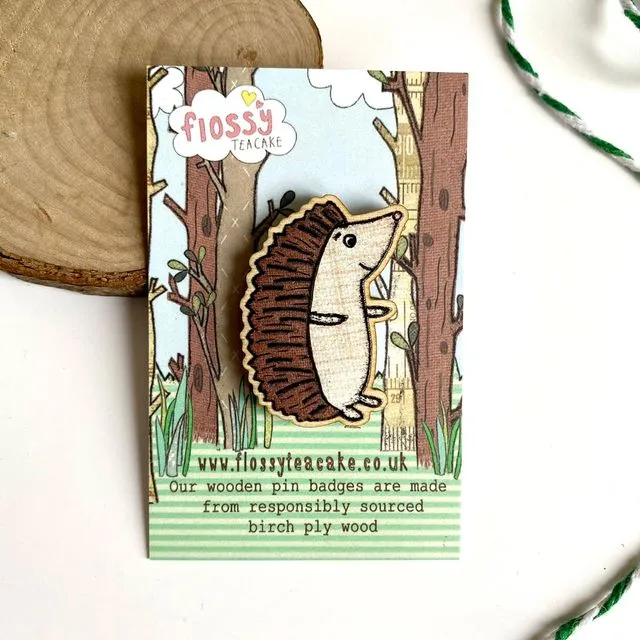 Flossy Teacake Hedgehog Wooden Pin Badge