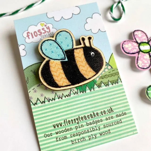 Flossy Teacake Bee Wooden Pin Badge