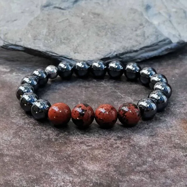 Hematite and Mahogany Obsidian Beaded Bracelet