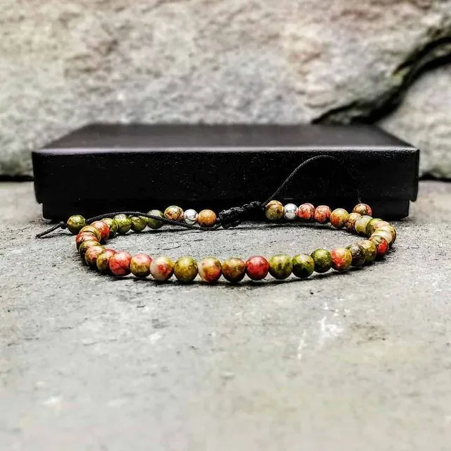 Unakite Bead Bracelet with Sterling Silver. 4mm