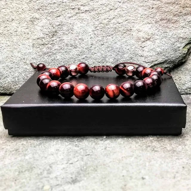 Red Tigers Eye Beaded Bracelet with Slide Knot. 8mm