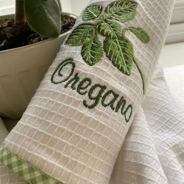 Oregano Embroidered Tea Towel