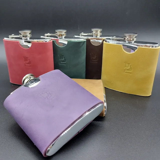 6oz Flask, stainless steel flask with leather protection. 316 stainless steel