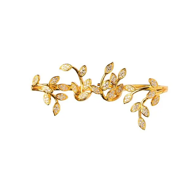 GOLD PLATED SILVER MARQUISE CZ PAVÉ SET LEAF VINE THREE FINGER RING