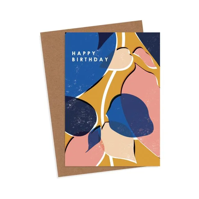 Happy Birthday Card with botanical, abstract illustration