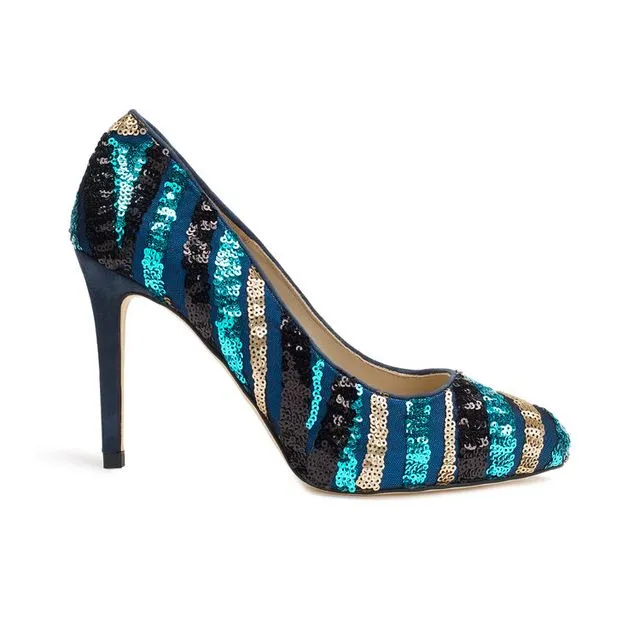 Carmen Classic High Heel Court Shoe - Blue sequin