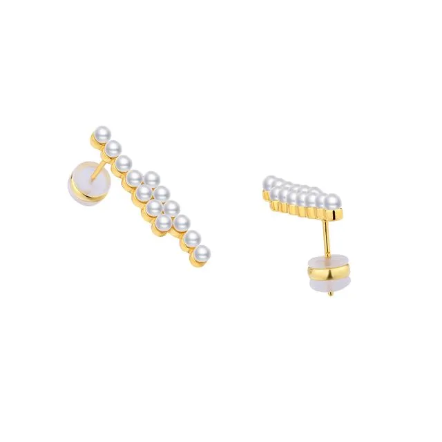 GOLD PLATED SILVER DOUBLE BAR PEARL STUD EARRINGS