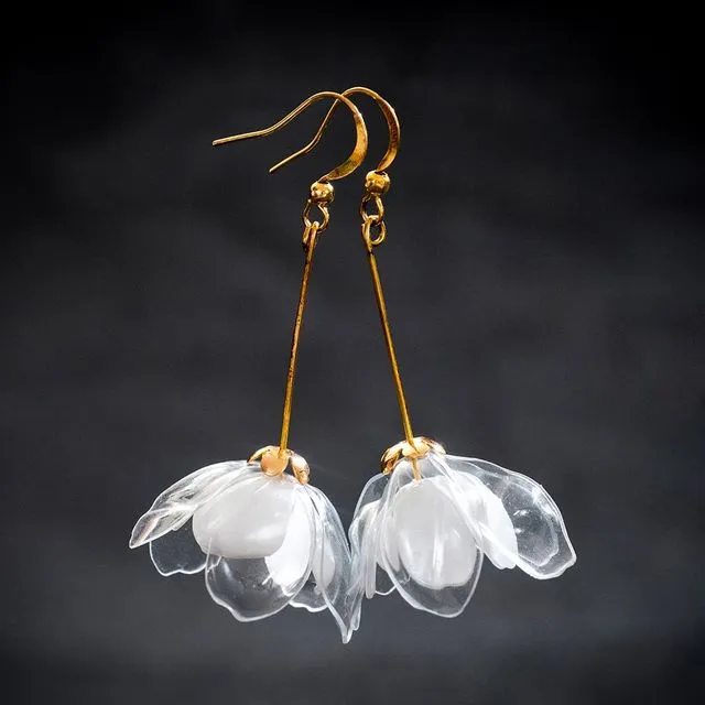 Clear & White Double-Flower Drop Earrings
