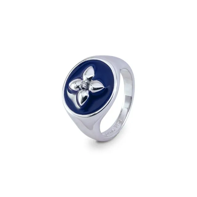 Croisette signet ring in blue lacquered silver and diamond
