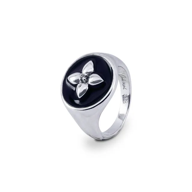 Croisette signet ring in black lacquered silver and diamond