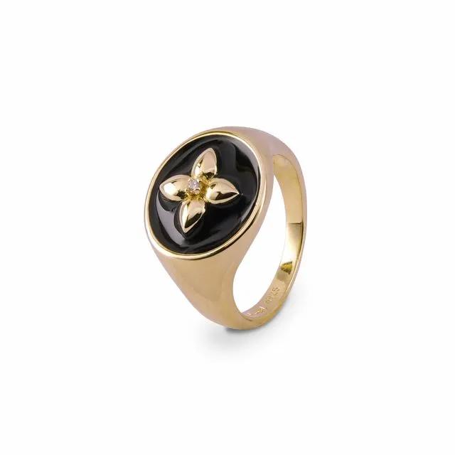 Croisette signet ring in black lacquered vermeil and diamond