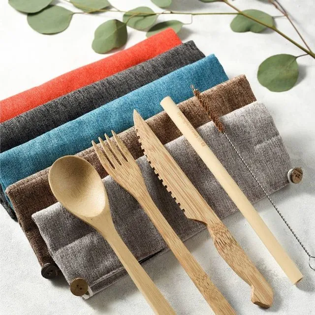 Bestseller Bamboo & Reclaimed Wooden Cutlery Sets in Coloured Bags, 18-piece bundle