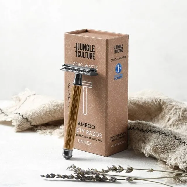 Reusable Bamboo Safety Razor w/ Natural Jute Travel Pouch + Kraft Paper Gift Box (Unisex) - Thin Light