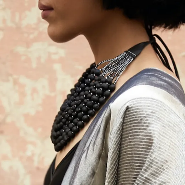 Multi-layered 12 Strand Sari Necklace - Black and Silver