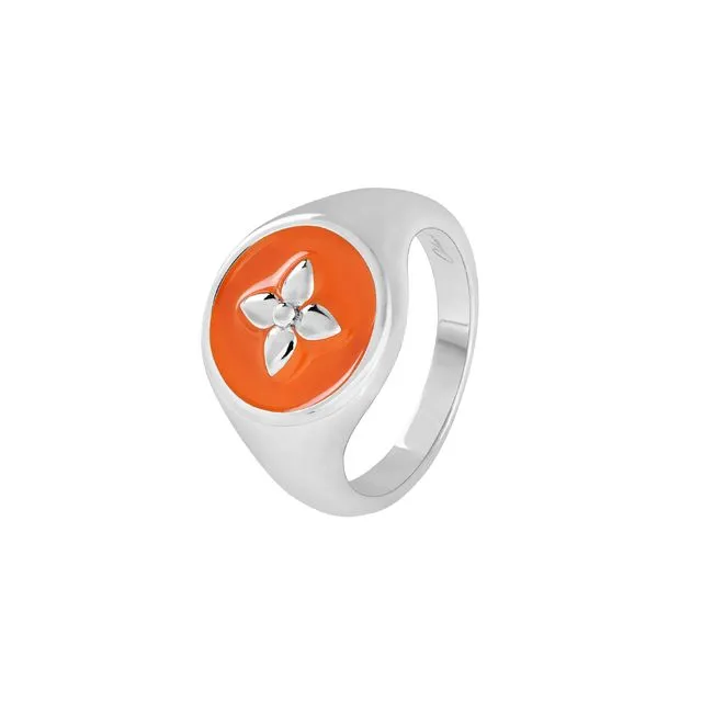 Croisette signet ring in coral lacquered silver
