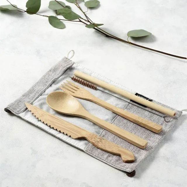 Reusable Bamboo Cutlery Set in Light Grey (Ash) bag - Handmade
