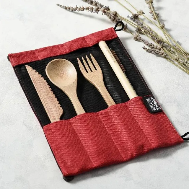 Eco-friendly Bamboo Cutlery Set in Natural Jute Bag (Berry) - Handmade