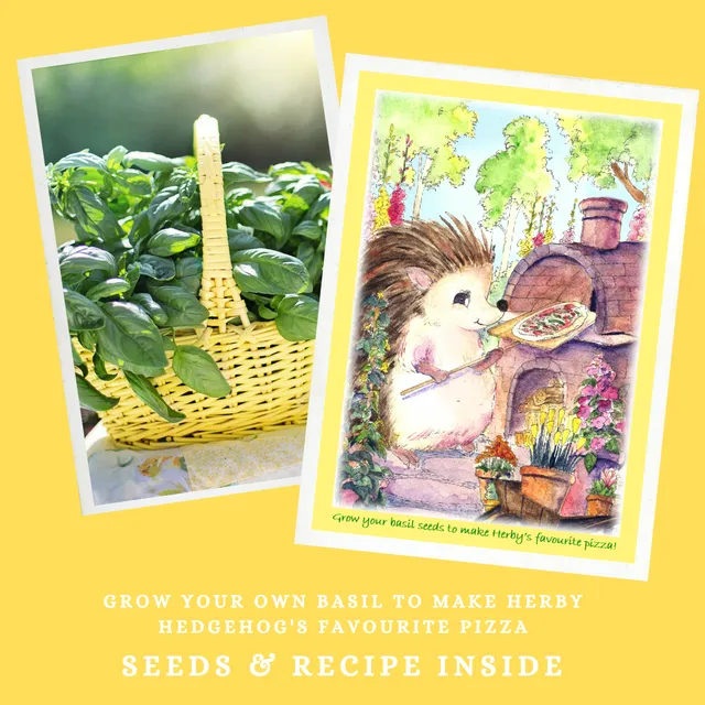 Greeting card with a gift of seeds - Herby the Hedgehog