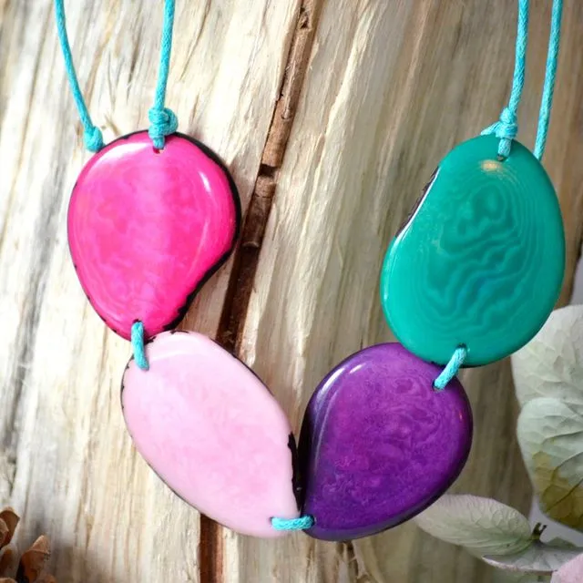 Pink, Purple, Teal Tagua Bead Necklace - TEAL Thread