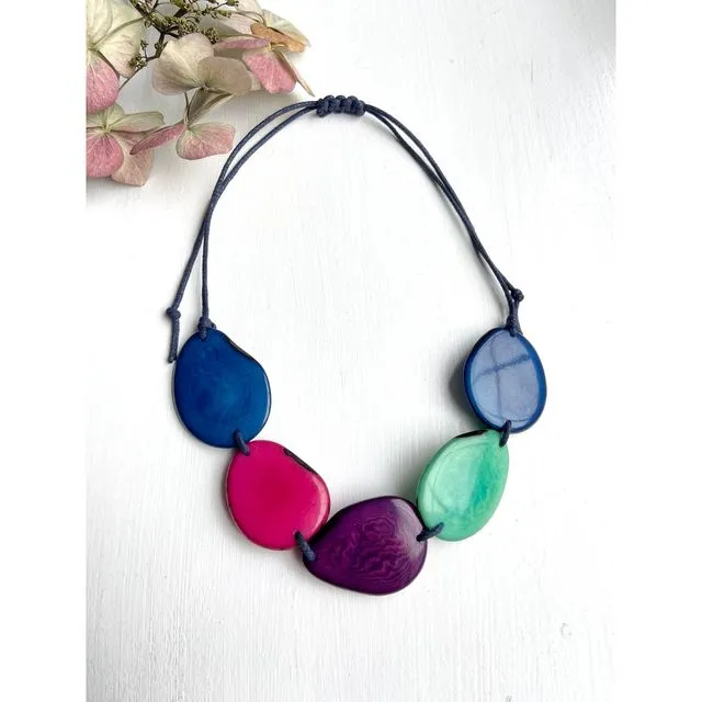 Navy/Pink Tagua Bead Necklace - DARK BLUE Thread